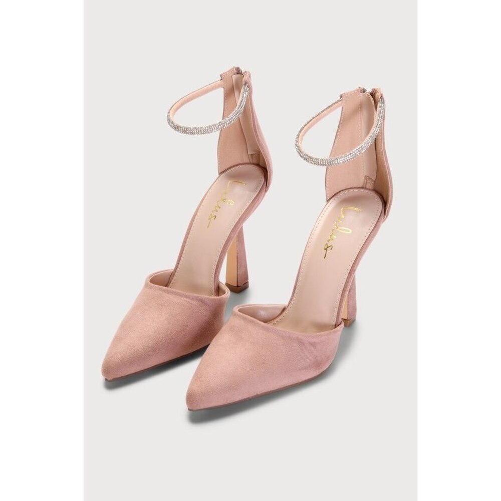 Lulus Dona Mauve Suede Rhinestone Pointed-toe Ankle Strap Pumps Pink - Size 8.5